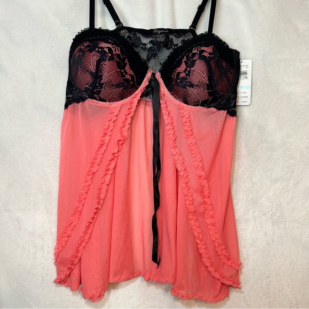 NWT Elegance‎ 1X Push Up Coral Lingerie Coquette Sheer Lace Intimate Babydoll